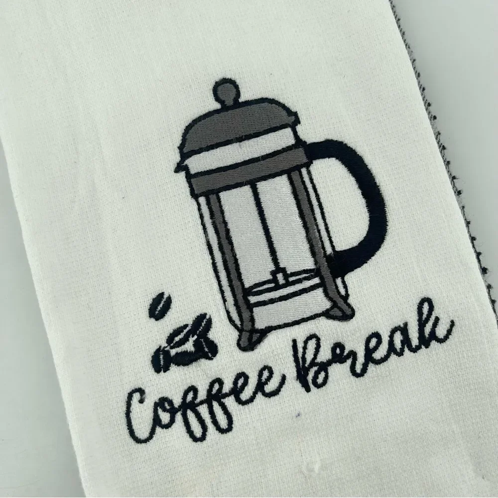 COFFEE BREAK Embroidered Cotton Black White Kitchen Towels, Set of 2, 16” x 28”